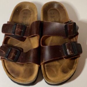 NAOT brown two strap buckle slides size 39.